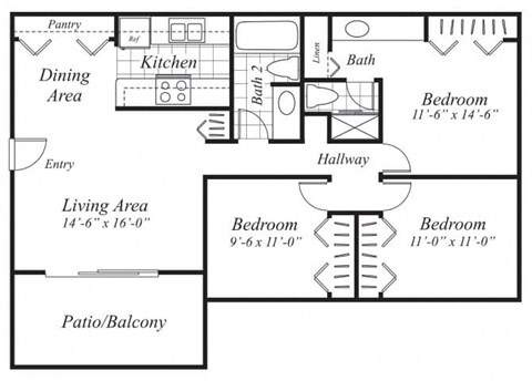 three bedroom two  bathroom floor plan at canyon rim